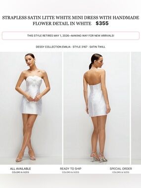 Dessy Collection White Strapless Satin Mini with Floral Bust